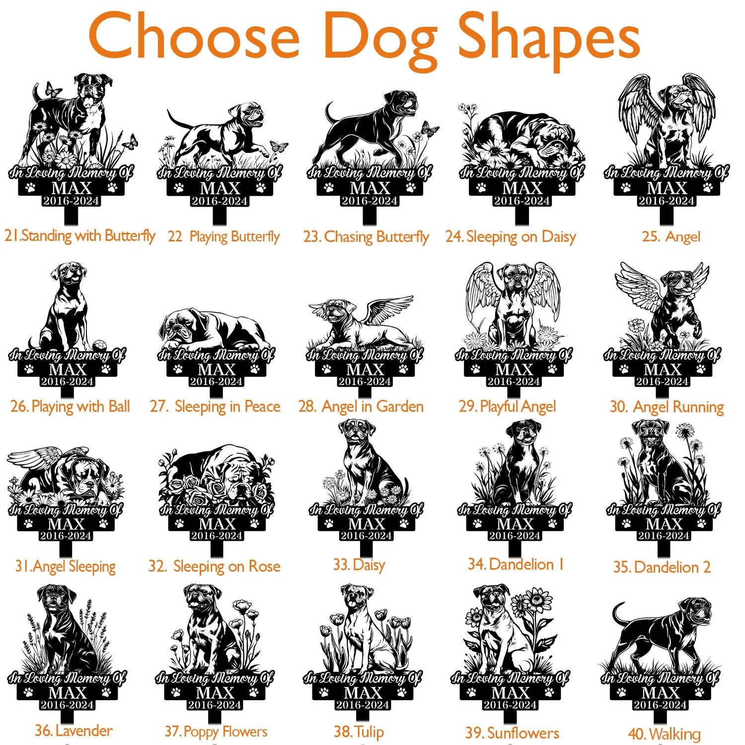 Boxer-6 Grid of black-and-white memorial dog silhouette designs titled “Choose Dog Shapes,” each labeled with names like “In Loving Memory Of MAX 2016-2024” and numbered poses (butterfly, angel, sleeping, flowers).