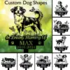 Black silhouette memorial yard sign of a happy dog with butterflies and flowers reading "In Loving Memory Of" and name MAX with dates 2016-2024 on a green bokeh background