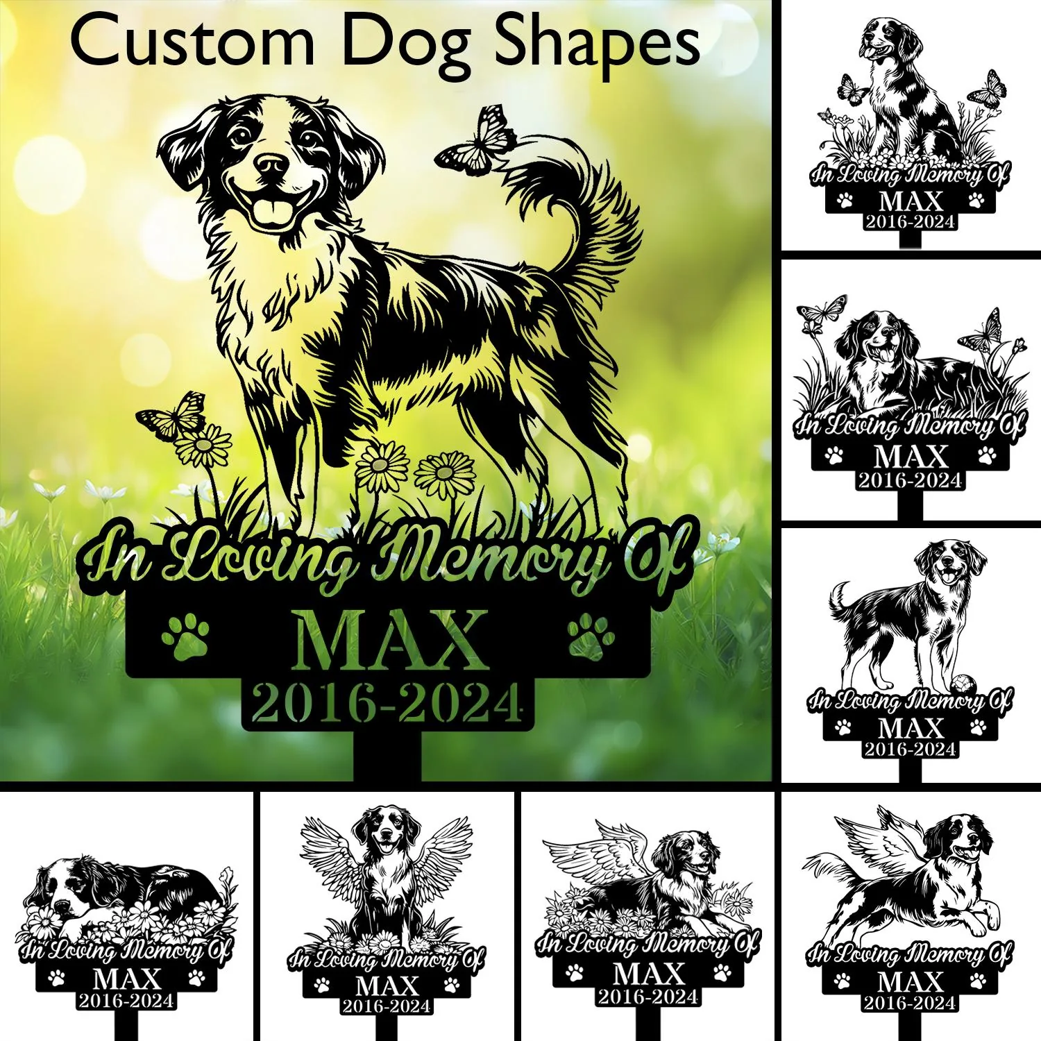 Black silhouette memorial yard sign of a happy dog with butterflies and flowers reading "In Loving Memory Of" and name MAX with dates 2016-2024 on a green bokeh background