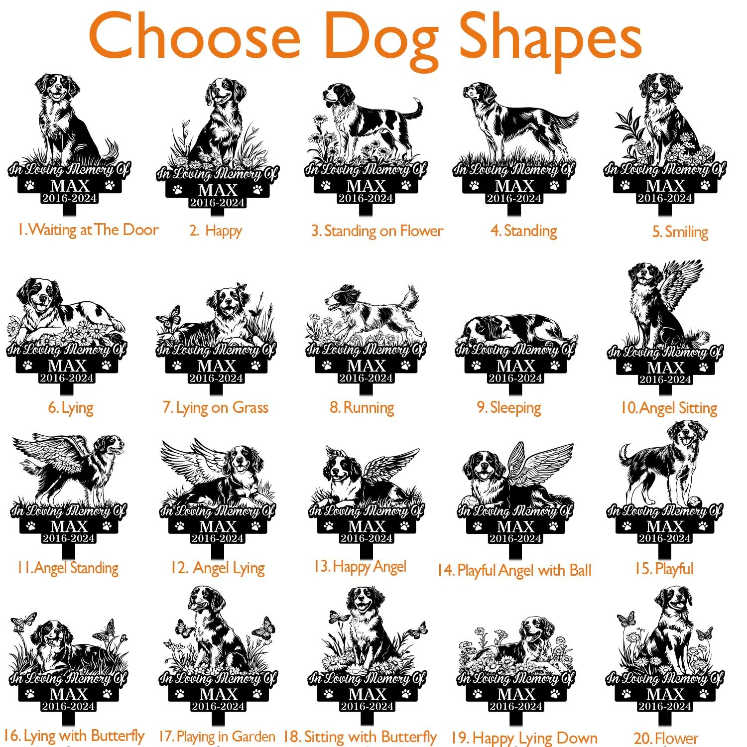 Grid of 20 black-and-white dog silhouette memorial shapes titled "Choose Dog Shapes" with numbered pose names and sample plaque reading "In Loving Memory Of MAX 2016-2024"