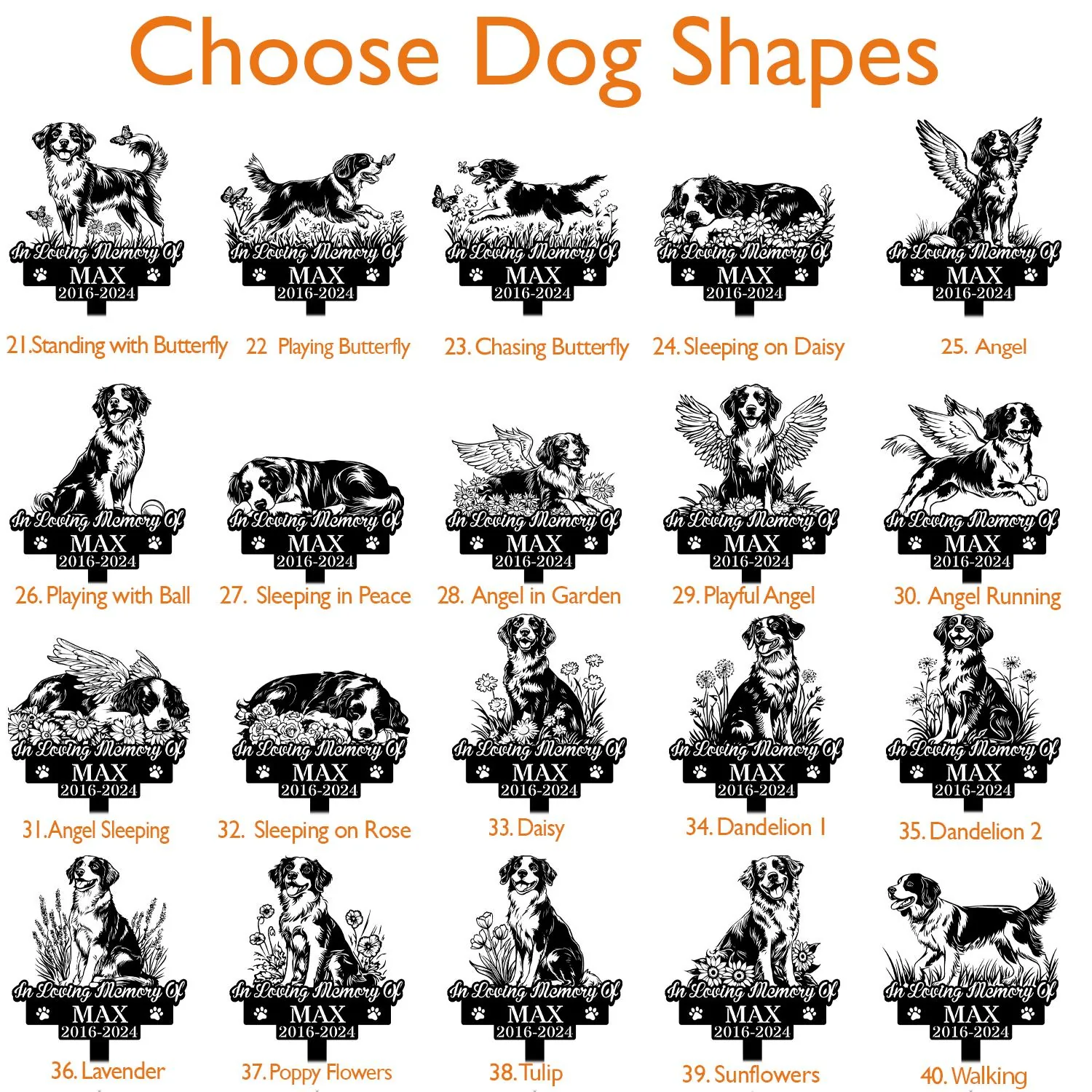 Grid of black silhouette dog memorial plaque designs titled 'Choose Dog Shapes' showing various poses and floral or angel motifs with sample name MAX and years 2016-2024