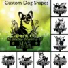 Outdoor memorial yard sign collage showing black silhouette corgi designs reading "In Loving Memory Of MAX 2016-2024" against a green bokeh grass background