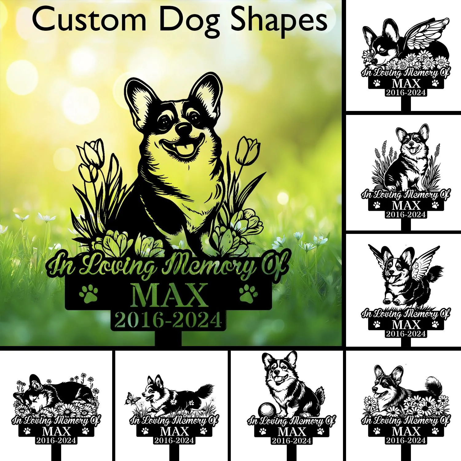 Outdoor memorial yard sign collage showing black silhouette corgi designs reading "In Loving Memory Of MAX 2016-2024" against a green bokeh grass background