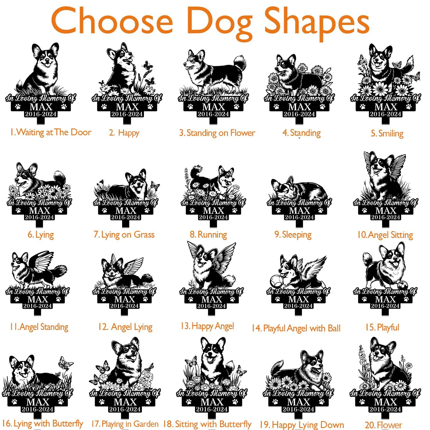 Grid of 20 black-and-white corgi memorial silhouette designs titled "Choose Dog Shapes" with sample plaque reading "In Loving Memory Of MAX 2016-2024" and numbered pose names
