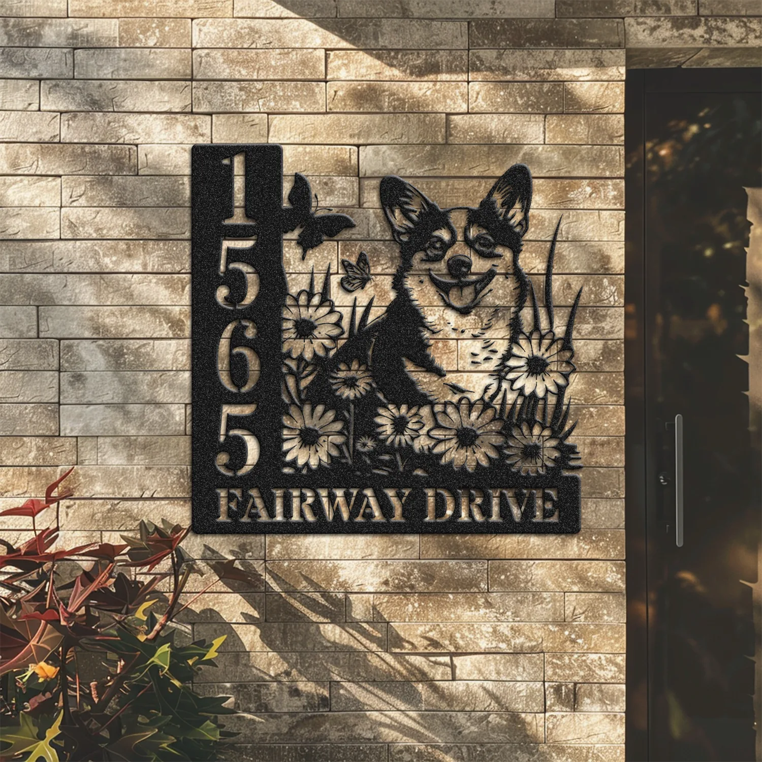 Corgi-Sitting-with-Butterfly-2 Black metal house sign mounted on a brick wall showing numbers 1565, the words FAIRWAY DRIVE, and a smiling corgi amid flowers and butterflies