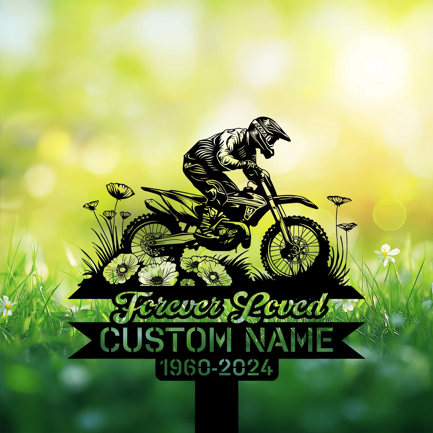 Dirt-Bike-Poppy-Flowers-1 Silhouette of a motocross rider on a dirt bike above floral accents with text placeholders "Forever Loved" and "CUSTOM NAME 1960-2024" on a bright green bokeh background