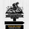 Dirt-Bike-Poppy-Flowers-2 Black metal memorial sign showing a motocross rider jumping over flowers with text 'Forever Loved', customizable name and dates '1960-2024' on a white wood background