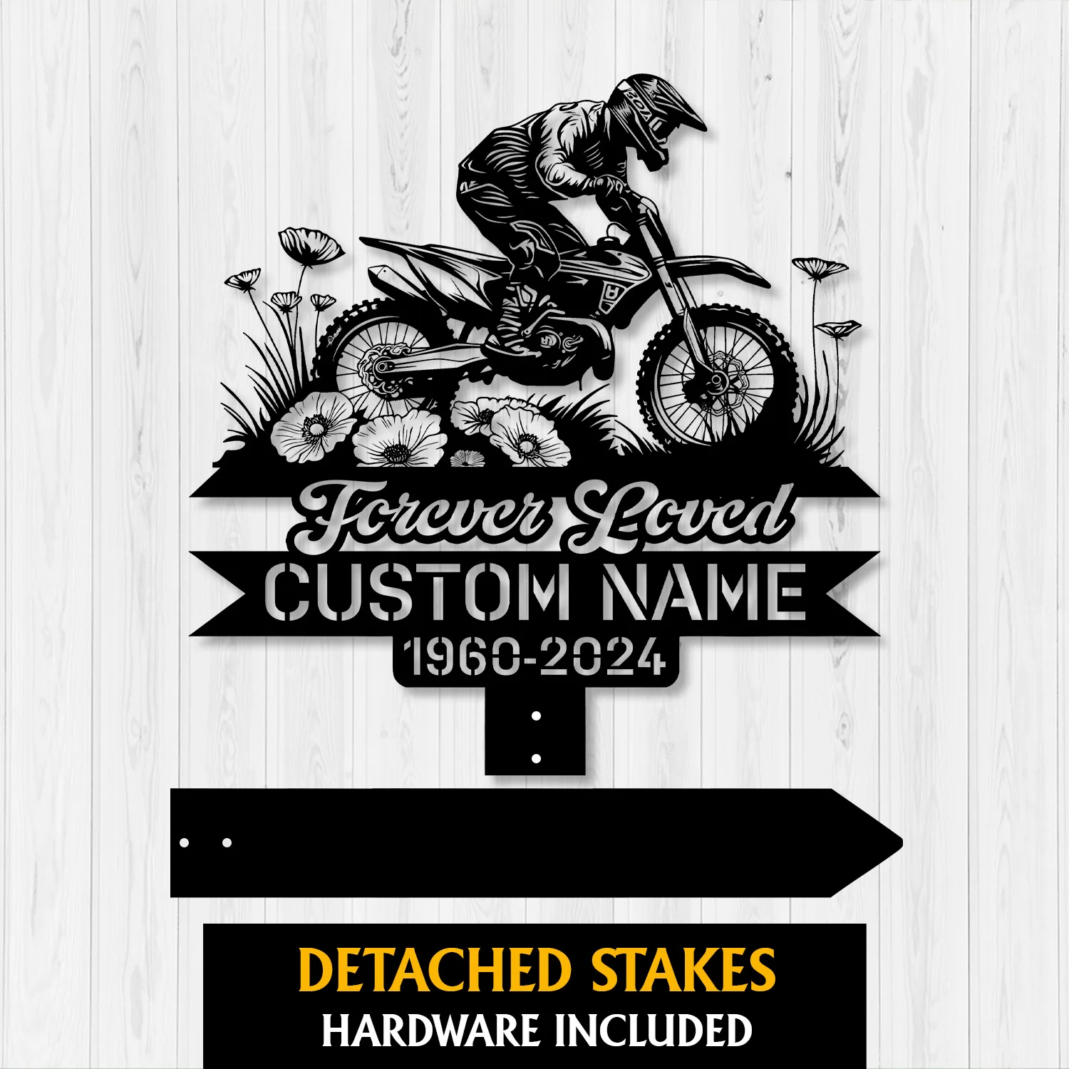 Dirt-Bike-Poppy-Flowers-2 Black metal memorial sign showing a motocross rider jumping over flowers with text 'Forever Loved', customizable name and dates '1960-2024' on a white wood background