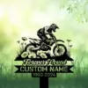 Dirt-Bike-Poppy-Flowers-3 Black silhouette of a motocross rider on a dirt bike above flowers and grass with text banners reading "Forever Loved" and "CUSTOM NAME 1960-2024" on a soft green bokeh background