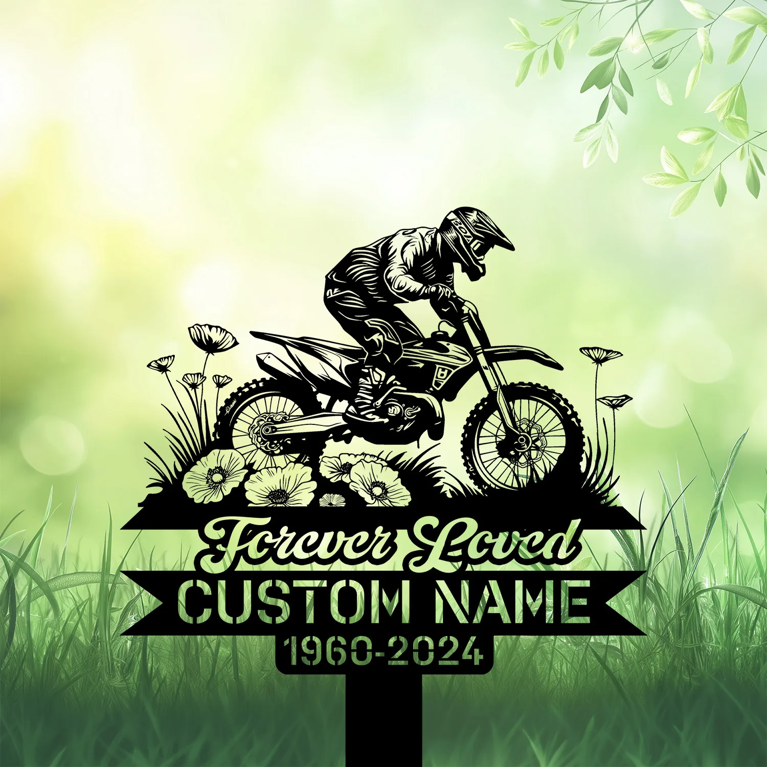 Dirt-Bike-Poppy-Flowers-3 Black silhouette of a motocross rider on a dirt bike above flowers and grass with text banners reading "Forever Loved" and "CUSTOM NAME 1960-2024" on a soft green bokeh background