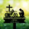 Dirtbike-Racer-Kneeling-at-Cross-1 Silhouette memorial sign with cross, dirt bike, kneeling rider, text reading "IN LOVING MEMORY OF" and placeholder name and years against a sunny green bokeh background