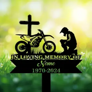 Personalized Motocross Tribute Garden Stake — Custom Name & Dates Dirt Bike Memorial