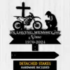 Dirtbike-Racer-Kneeling-at-Cross-2 Black metal memorial sign with cross, dirt bike and kneeling rider silhouette reading "In Loving Memory of" with placeholder Name and dates 1970-2024 on a wood background