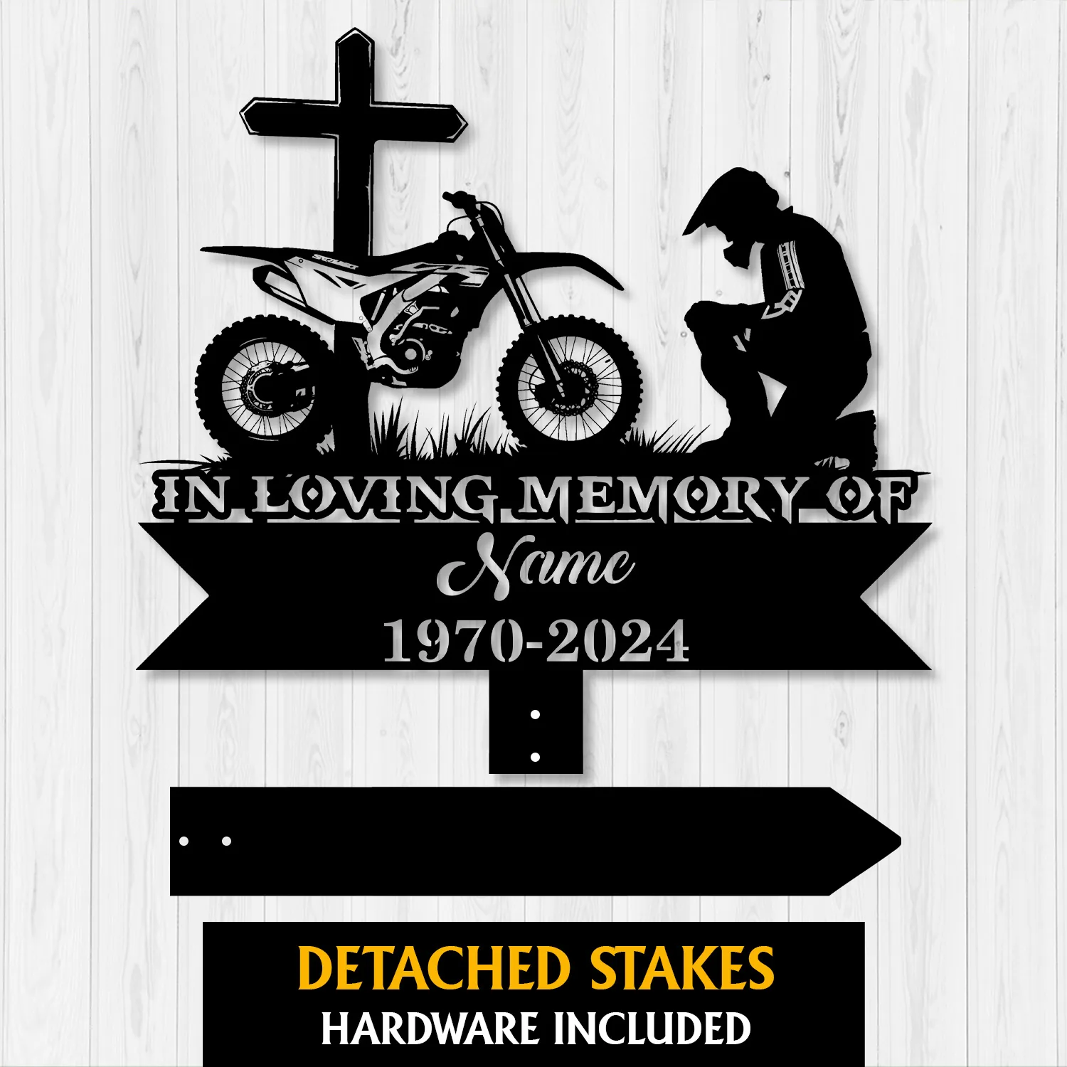 Dirtbike-Racer-Kneeling-at-Cross-2 Black metal memorial sign with cross, dirt bike and kneeling rider silhouette reading "In Loving Memory of" with placeholder Name and dates 1970-2024 on a wood background