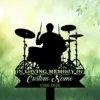 Silhouette of a drummer at a drum kit on a memorial lawn sign reading "In Loving Memory" with space for custom name and dates