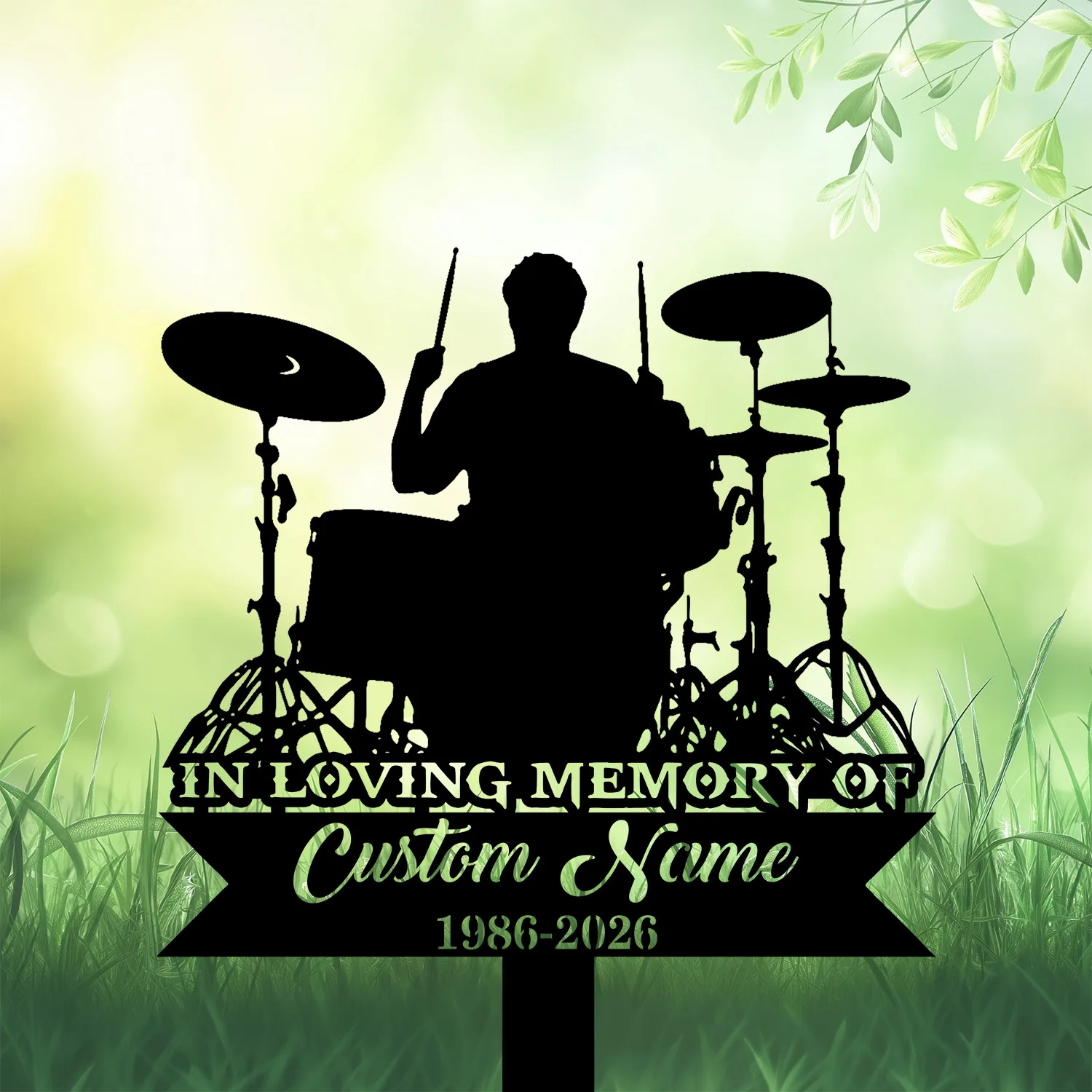 Silhouette of a drummer at a drum kit on a memorial lawn sign reading "In Loving Memory" with space for custom name and dates
