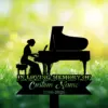 Silhouette of a woman playing a grand piano on a grassy, sunlit background with text reading "IN LOVING MEMORY OF" and placeholder "Custom Name 1986-2026"