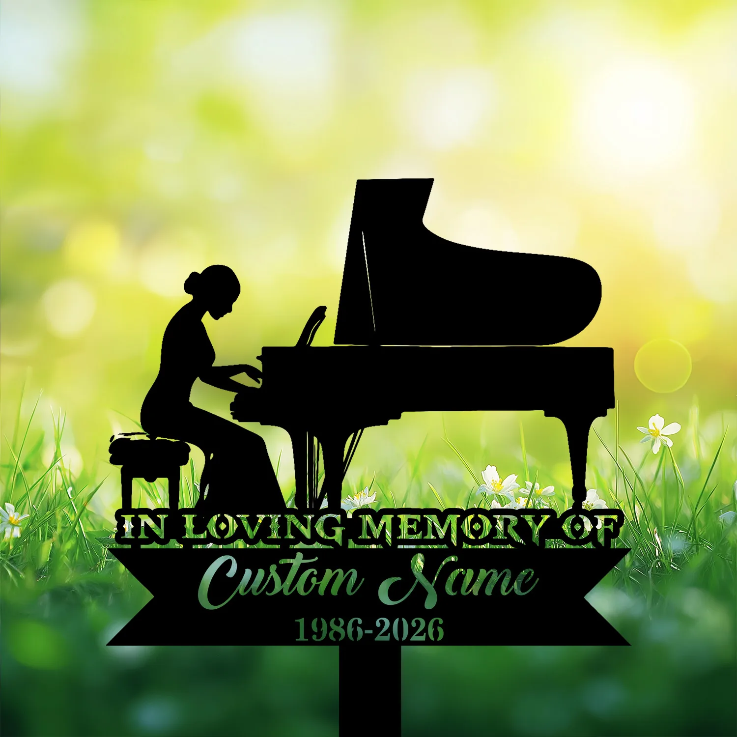 Silhouette of a woman playing a grand piano on a grassy, sunlit background with text reading "IN LOVING MEMORY OF" and placeholder "Custom Name 1986-2026"