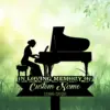 Silhouette of a woman playing a grand piano with text reading “In Loving Memory of Custom Name 1986-2026” over a soft green garden background