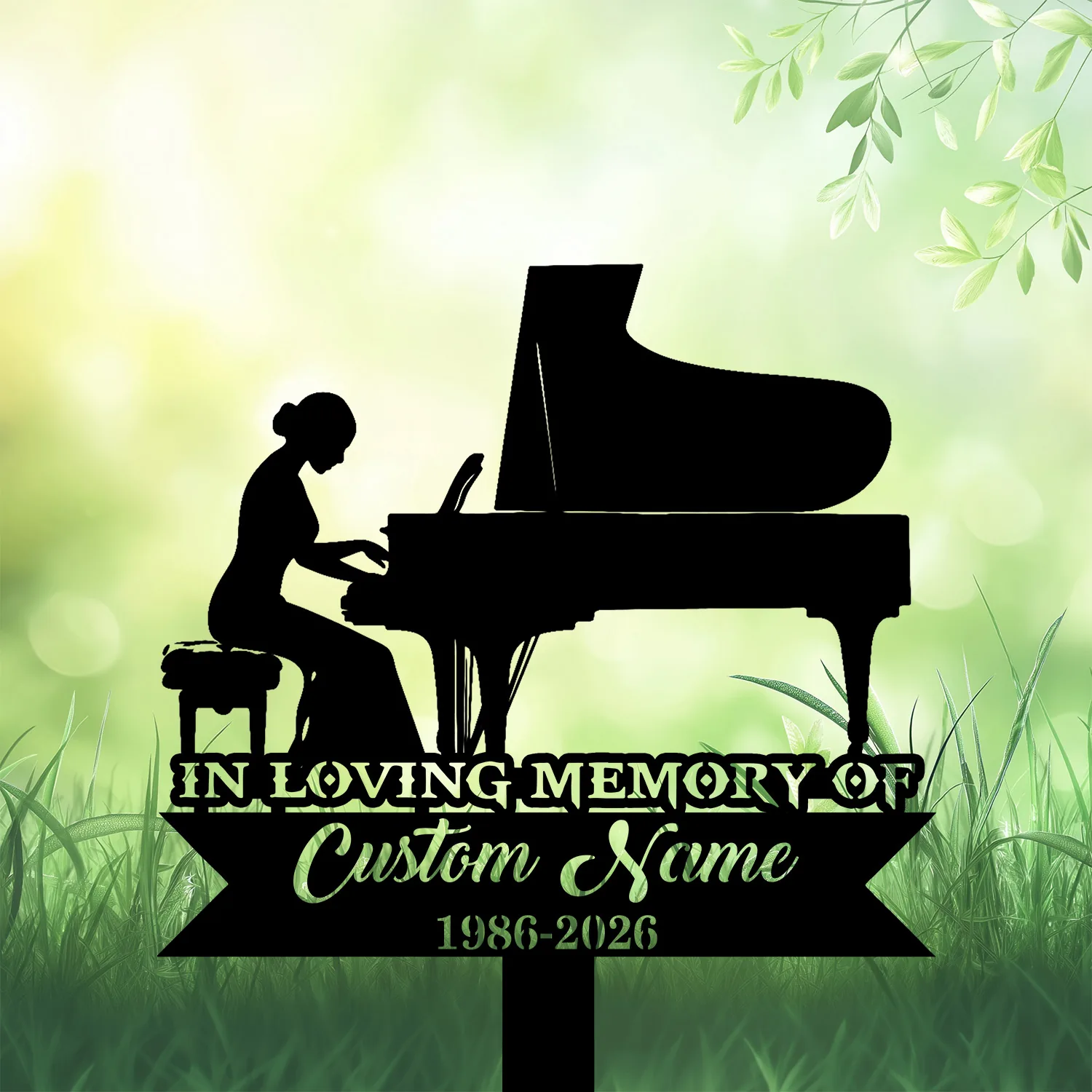 Silhouette of a woman playing a grand piano with text reading “In Loving Memory of Custom Name 1986-2026” over a soft green garden background