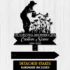 Black metal memorial garden stake silhouette of a woman watering flowers with text panels reading "In Loving Memory of Custom Name 1986-2026" on a light wood background