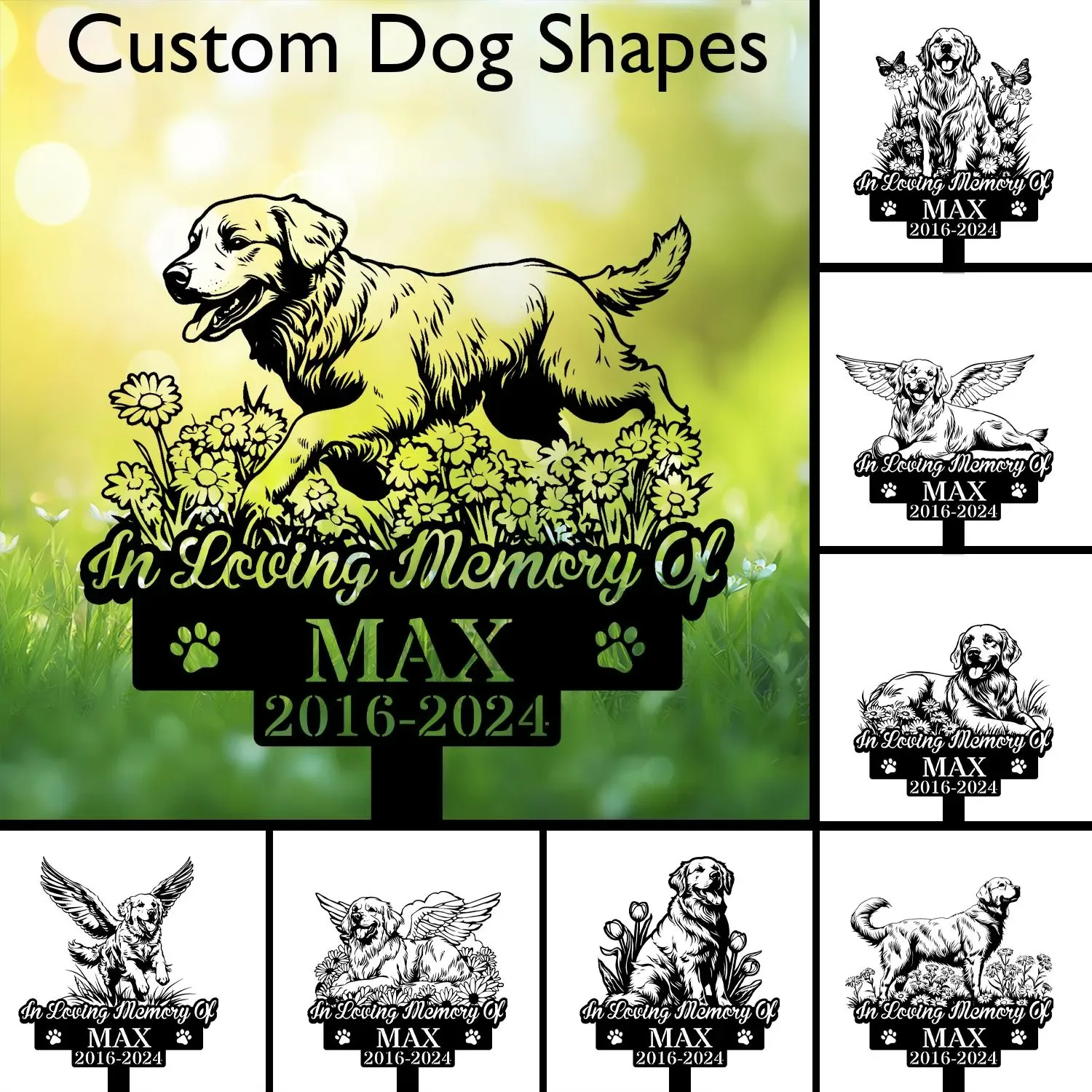 Golden-Retriver-1 Memorial garden sign design showing a running Golden Retriever above flowers with text "In Loving Memory Of" and name MAX, 2016-2024