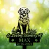 Golden-Retriver-2 Black silhouette memorial sign of a happy golden retriever sitting above text 'In Loving Memory Of' and name 'MAX 2016-2024' on a sunlit green bokeh background
