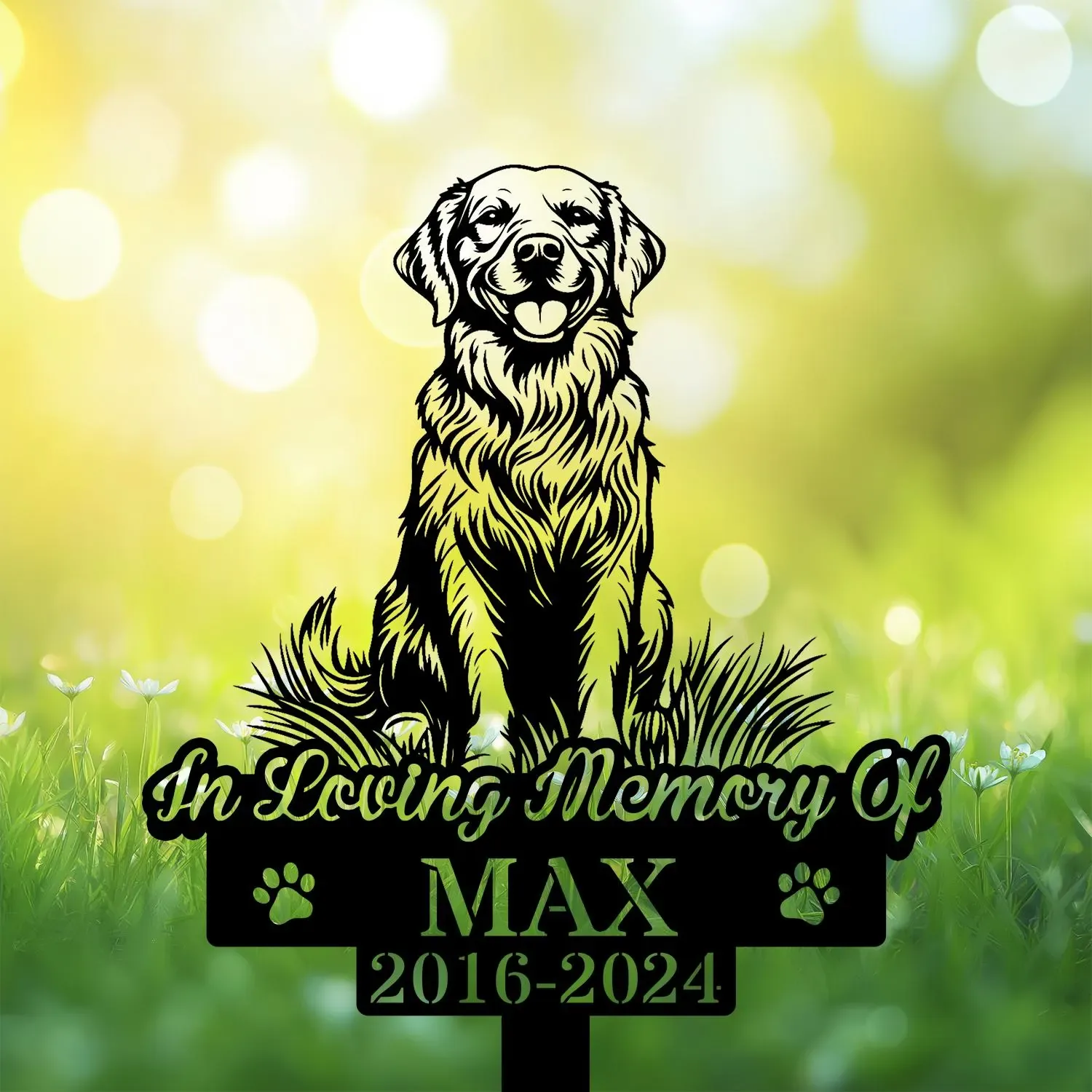 Golden-Retriver-2 Black silhouette memorial sign of a happy golden retriever sitting above text 'In Loving Memory Of' and name 'MAX 2016-2024' on a sunlit green bokeh background