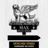 Golden-Retriver-3 Black memorial sign showing a winged golden retriever standing in grass with text "In Loving Memory Of" and name "MAX" and dates "2016-2024" on a light wood background