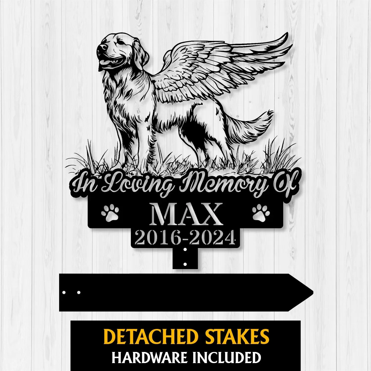Golden-Retriver-3 Black memorial sign showing a winged golden retriever standing in grass with text "In Loving Memory Of" and name "MAX" and dates "2016-2024" on a light wood background