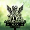 Golden-Retriver-4 Black silhouette memorial sign of a winged golden retriever sitting among daisies with text “In Loving Memory of” and name MAX, dates 2016–2024, on a green grassy background