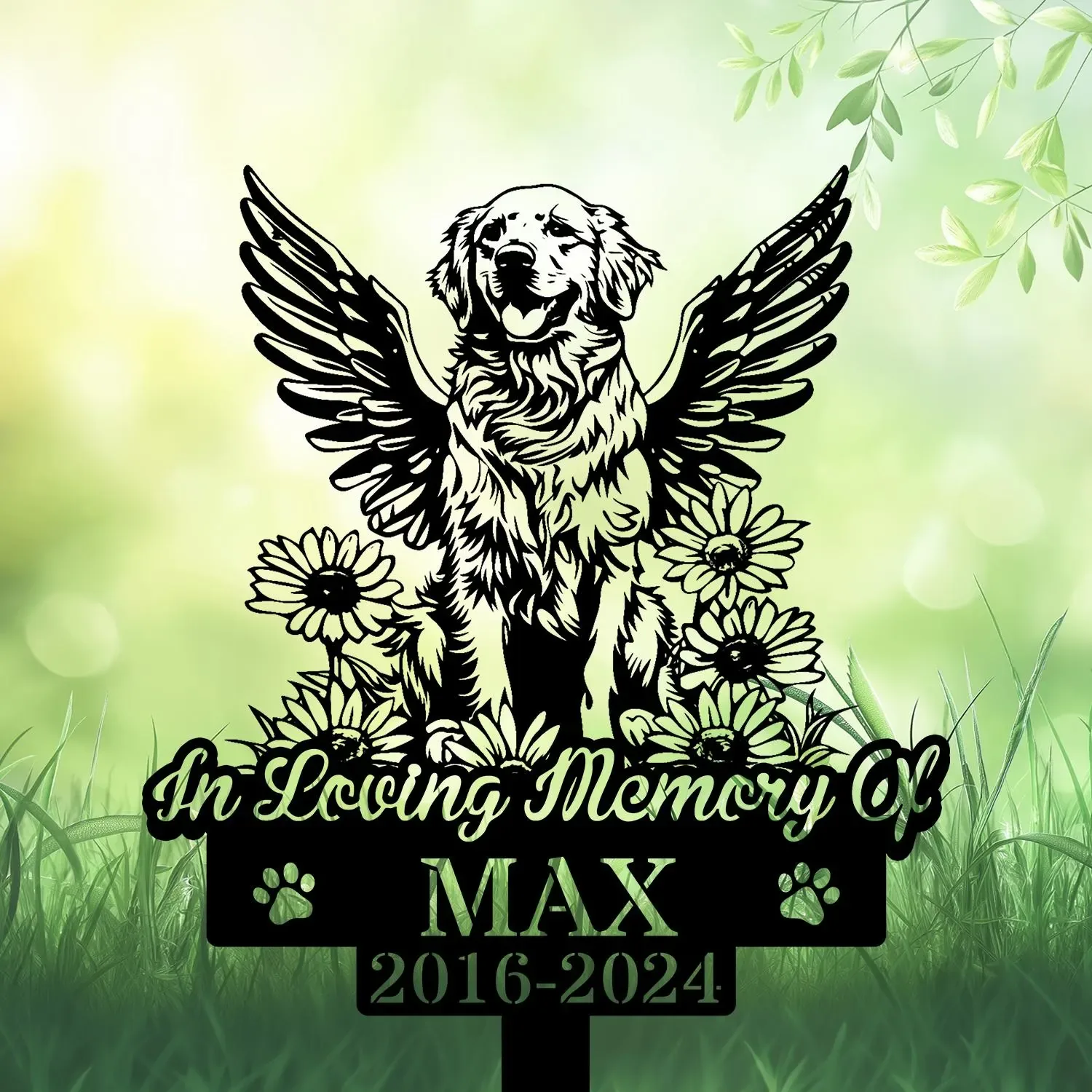 Golden-Retriver-4 Black silhouette memorial sign of a winged golden retriever sitting among daisies with text “In Loving Memory of” and name MAX, dates 2016–2024, on a green grassy background