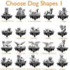 Golden-Retriver-5 Grid of 20 black-and-white dog memorial silhouette designs titled "Choose Dog Shapes" showing various poses (waiting, happy, standing, lying, angel wings) with sample plaque text "In Loving Memory Of MAX 2016-2024" and orange labels below each design.