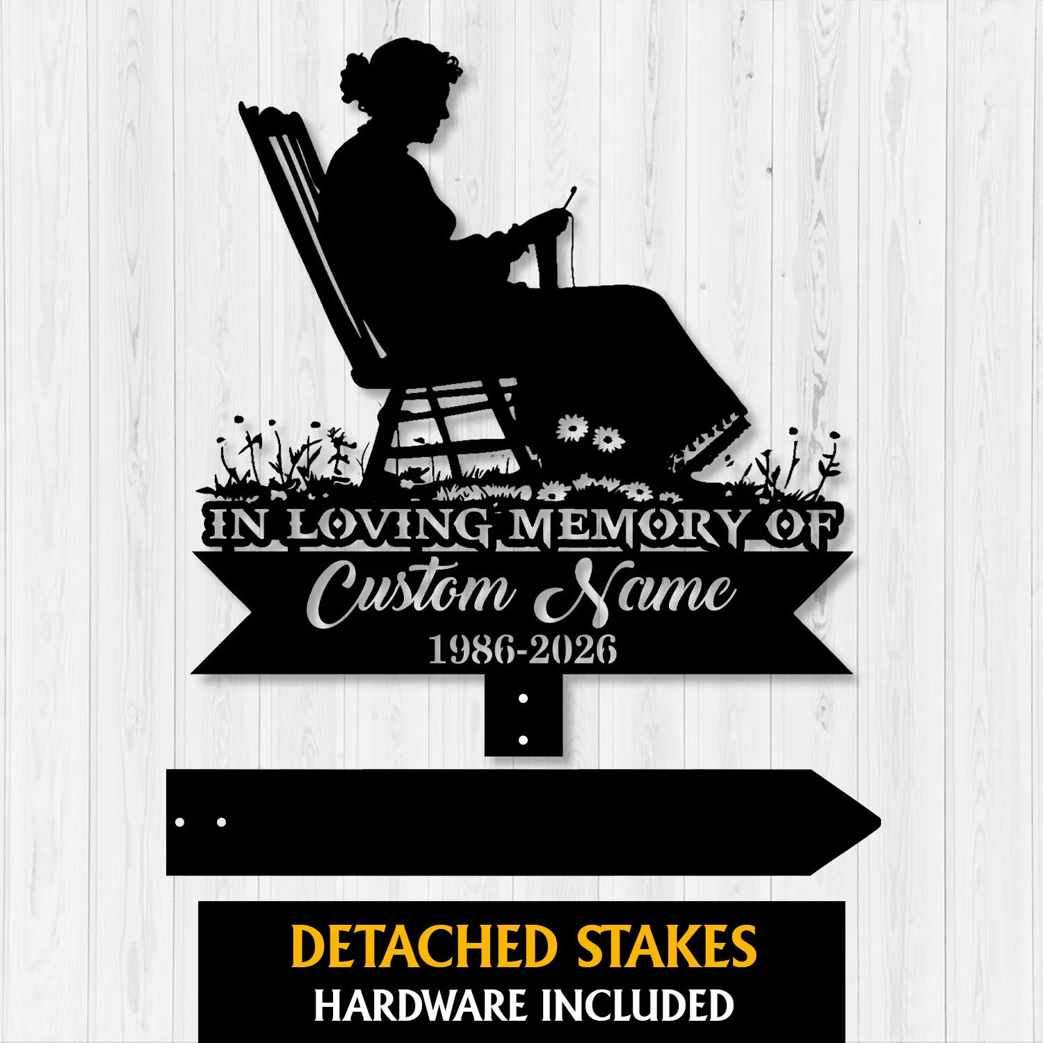 Black memorial yard stake sign with rocking chair silhouette, “In Loving Memory of Custom Name 1986-2026”