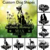 Black silhouette memorial yard sign featuring a sitting Great Dane among dandelions with text "In Loving Memory Of MAX 2016-2024" on a green bokeh background