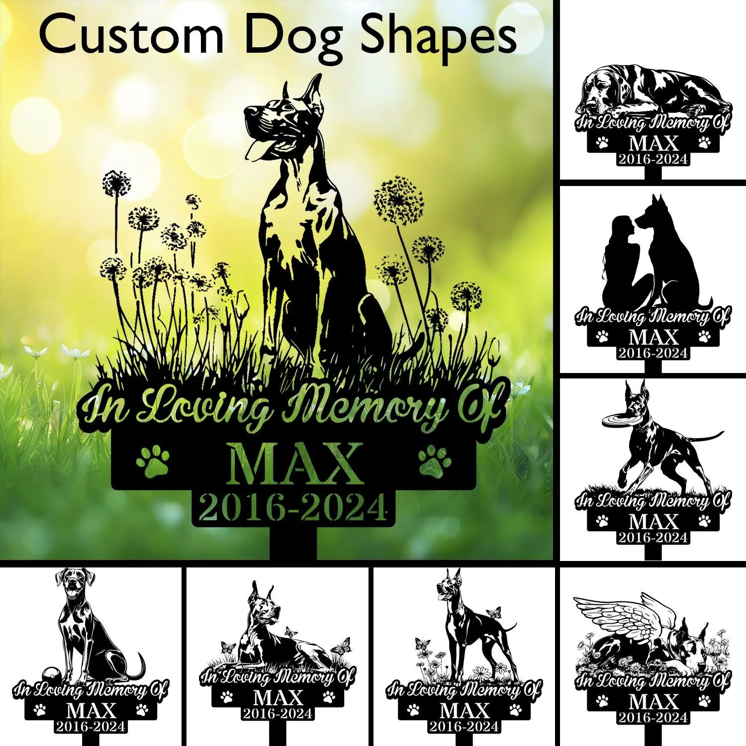 Black silhouette memorial yard sign featuring a sitting Great Dane among dandelions with text "In Loving Memory Of MAX 2016-2024" on a green bokeh background
