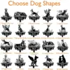 Grid of 20 black silhouette memorial dog stake designs titled "Choose Dog Shapes" showing various dog poses with text "In Loving Memory Of MAX 2016-2024" and orange labels for each design.