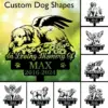 Memorial garden sign mockup showing a sleeping angel-winged golden retriever above flowers with text “In Loving Memory Of” and name MAX with dates 2016-2024 on a grassy bokeh background