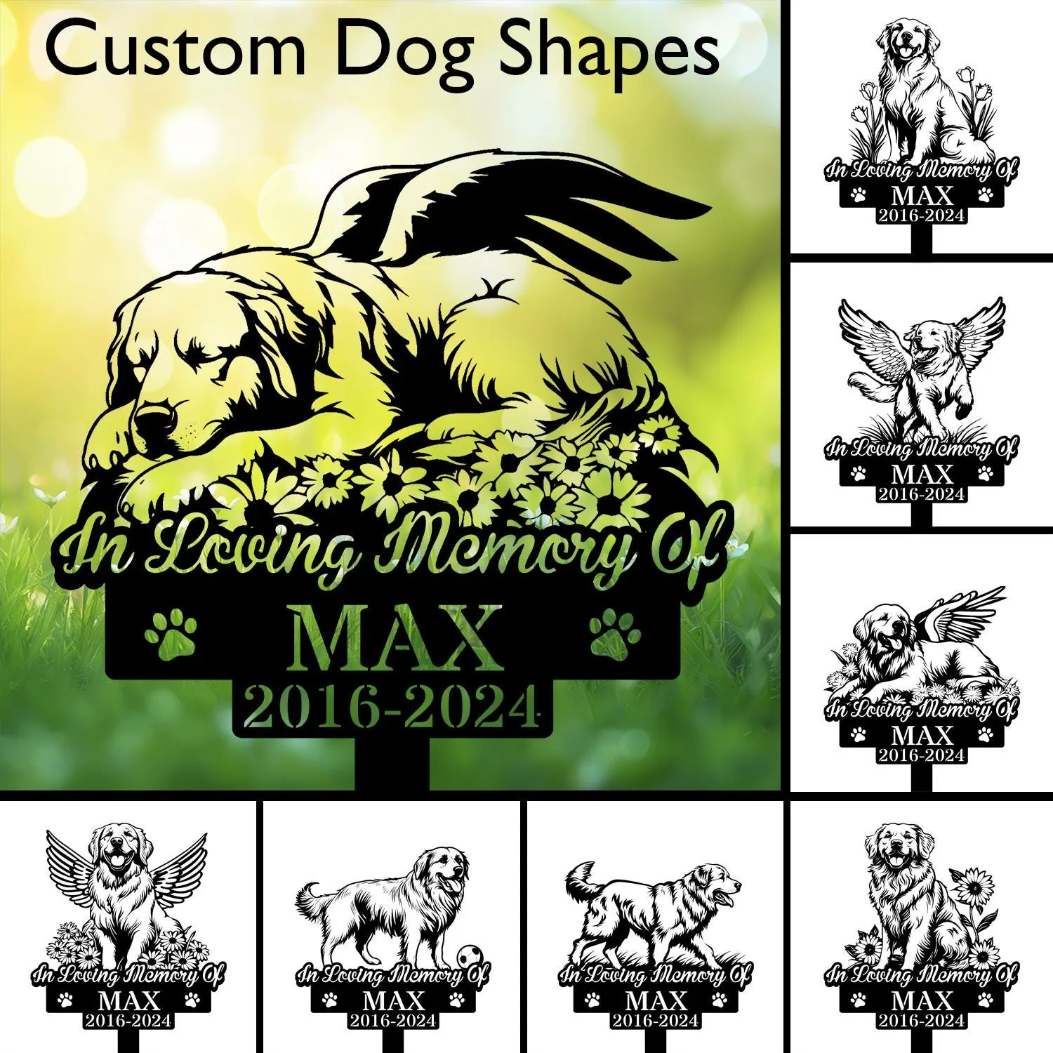 Memorial garden sign mockup showing a sleeping angel-winged golden retriever above flowers with text “In Loving Memory Of” and name MAX with dates 2016-2024 on a grassy bokeh background