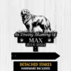 Black metal memorial sign with a standing dog silhouette, text “In Loving Memory Of” and name “MAX” with dates 2016–2024, paw prints on a white wood background