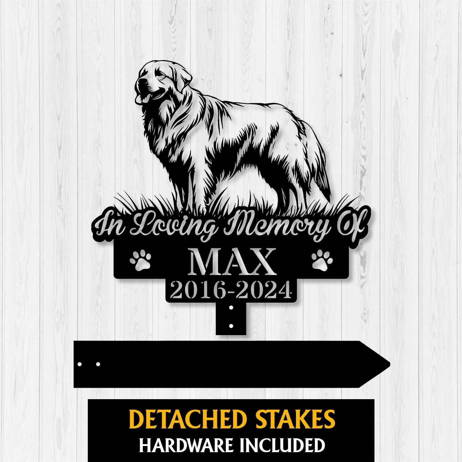 Black metal memorial sign with a standing dog silhouette, text “In Loving Memory Of” and name “MAX” with dates 2016–2024, paw prints on a white wood background
