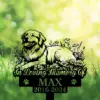 Black silhouette memorial sign of a smiling dog lying among flowers with text "In Loving Memory of MAX 2016-2024" on a bright green bokeh grassy background