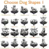 Grid of 20 black-and-white memorial dog silhouette designs labeled "Choose Dog Shapes" showing various poses with text "In Loving Memory Of MAX 2016-2024" and orange style labels underneath