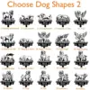 Grid of black-and-white memorial dog silhouette designs labeled "Choose Dog Shapes 2" with sample name MAX and dates 2016-2024, various poses and flower/angel motifs