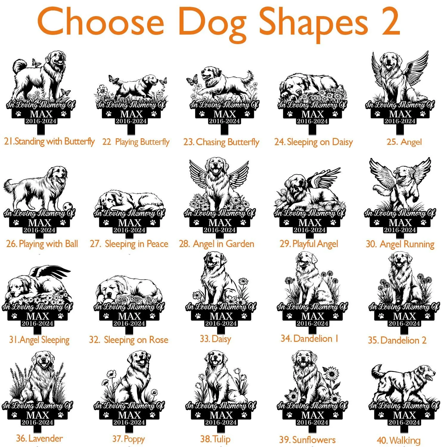 Grid of black-and-white memorial dog silhouette designs labeled "Choose Dog Shapes 2" with sample name MAX and dates 2016-2024, various poses and flower/angel motifs