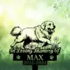 Black silhouette memorial sign of a happy dog jumping above flowers with text "In Loving Memory Of" and name MAX 2016-2024 on a green grassy background