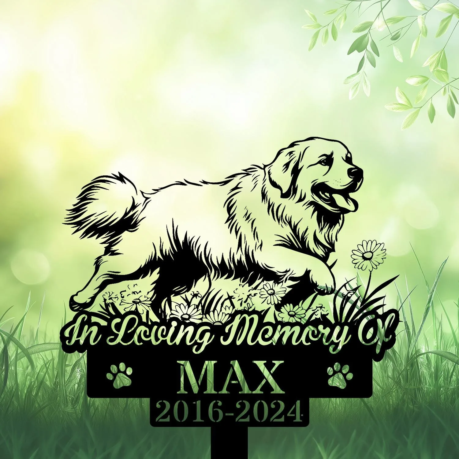 Black silhouette memorial sign of a happy dog jumping above flowers with text "In Loving Memory Of" and name MAX 2016-2024 on a green grassy background