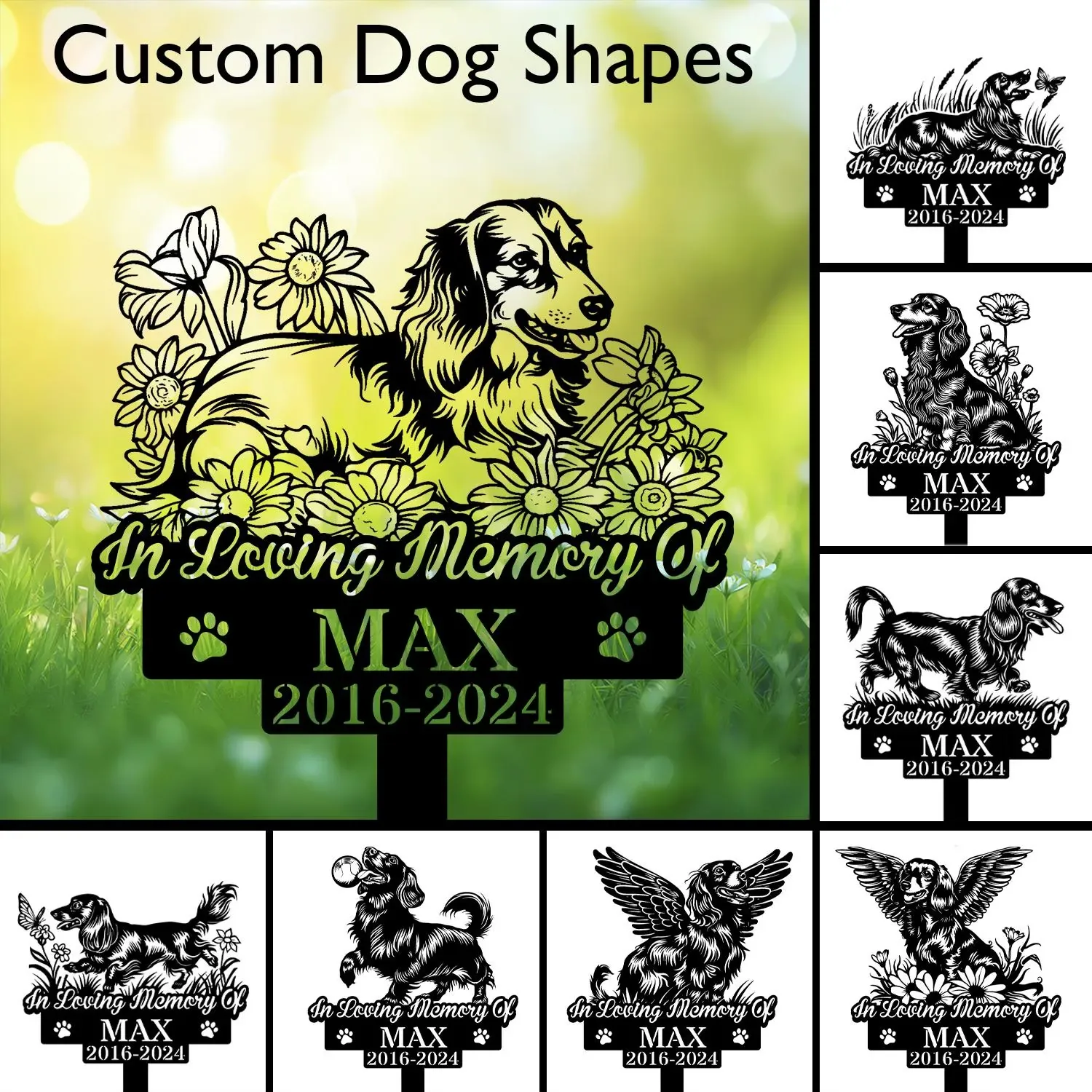 Longhair-Dachshund-1 Memorial garden sign designs showing a dachshund surrounded by flowers with text “In Loving Memory Of MAX 2016-2024” on green bokeh background