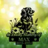 Longhair-Dachshund-2 Black silhouette memorial sign of a happy dog sitting among daisies reading "In Loving Memory Of MAX 2016-2024" on a sunlit green bokeh background