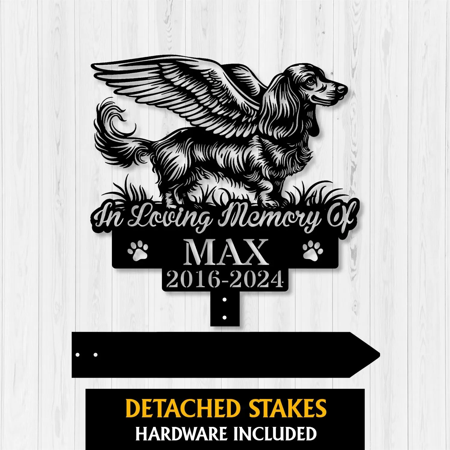 Longhair-Dachshund-3 Black memorial sign with winged dachshund silhouette reading "In Loving Memory Of MAX 2016-2024" on a white wood background
